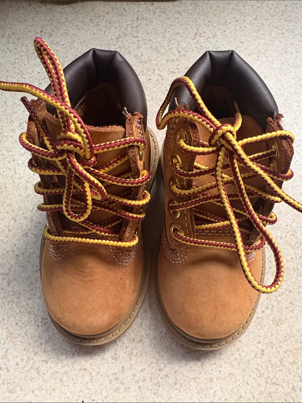 Timberland Kids Wheat Brown Suede Boots with Yellow & Red Laces